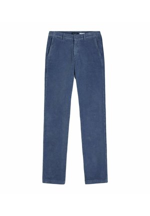 Blaue Cordhosen mit Gürtelschlaufen, Vordertaschen und geradem Schnitt auf weißem Hintergrund präsentiert.