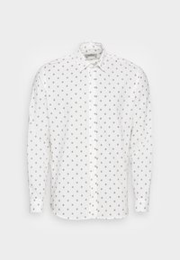 Camicia bianca a maniche lunghe con colletto button-up e un piccolo motivo circolare grigio su tutta la superficie. Realizzata in tessuto leggero.