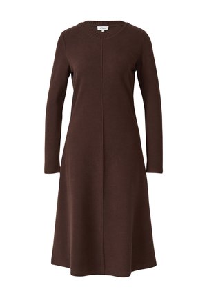 Sukienka midi z długim rękawem w ciemnym brązowym kolorze, z okrągłym dekoltem i centralnym szwem, zaprojektowana do codziennego lub półformalnego noszenia.