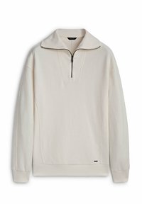 Pullover off-white con maniche lunghe e collo a zip a un quarto, caratterizzato da un piccolo etichetta nera del marchio vicino all'orlo.