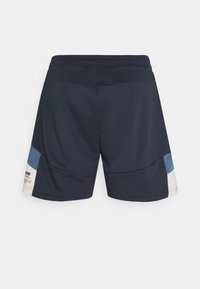 Tummansinisiä urheilushortseja, joissa on siniset ja valkoiset väriesteet sivuilla sekä pieni painettu logo vasemmassa helman kohdalla.