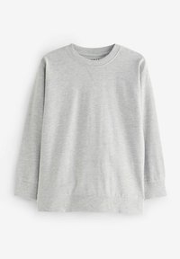 Sweatshirt gris clair avec des manches longues, un col rond, et des poignets et un ourlet côtelés. Fabriqué en tissu doux et texturé avec une coupe décontractée.