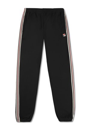 Zwarte sportbroek met witte en rode zijstrepen, elastische tailleband en een klein logo aan de linkerkant boven de zak.