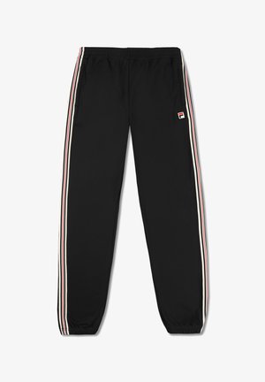 Pantalones deportivos negros con franjas laterales en blanco y rojo, cinturilla elástica y un pequeño logo en el lado izquierdo, encima del bolsillo.