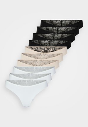 Fünf Paare von Damenstring-Tangas, die in einem Farbverlauf angeordnet sind; die Farben sind Schwarz, Beige, Hellgrau und Weiß. Spitzendetails auf der Rückseite.