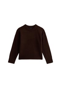 Brązowy sweter z dzianiny o okrągłym dekolcie, z prążkowanymi mankietami i dołem, cechujący się miękką teksturą i luźnym krojem. Bez wzorów ani dodatkowych detali.