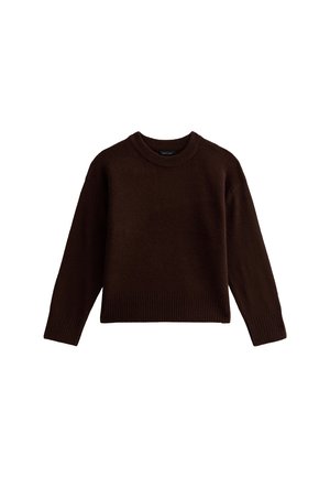Suéter marrón de punto con cuello redondo, puños y dobladillo acanalados, que presenta una textura suave y un corte holgado. Sin patrones ni detalles adicionales.