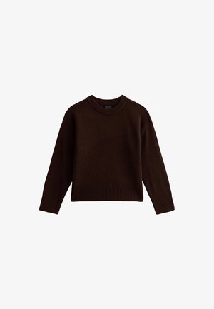 Maglione lavorato a maglia marrone con scollo tondo, polsini e orlo a costine, caratterizzato da una texture morbida e una vestibilità ampia. Nessun motivo o dettaglio aggiuntivo.