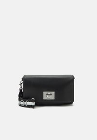 Black leather crossbody bag with a silver lock closure and a patterned strap featuring the word "dior" in white.