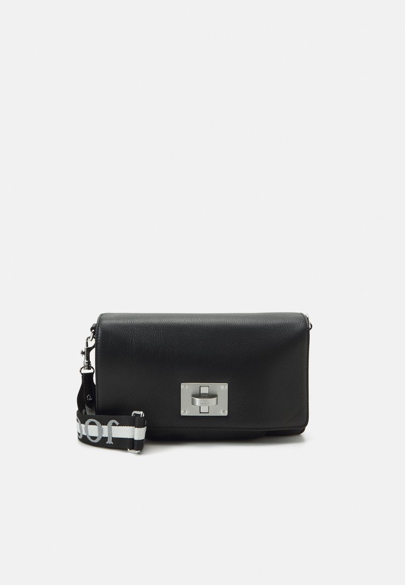 Black leather crossbody bag with a silver lock closure and a patterned strap featuring the word "dior" in white.