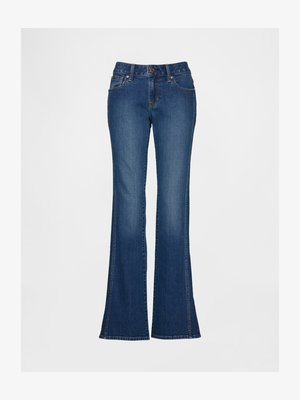 Jean en denim bleu évasé à taille haute, avec cinq poches et surpiqûres contrastantes. Dispose d'une fermeture à bouton et glissière, finition texturée.