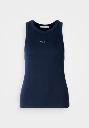 Navyblauw mouwloos shirt van ribstof, met een ronde halslijn en een klein geborduurd logo op de borst.
