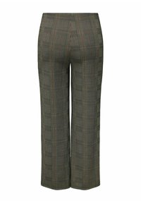 Pantalons à carreaux dans une couleur gris-vert avec des accents blancs et orange. Conception à jambes larges avec une texture lisse et une coupe ajustée.