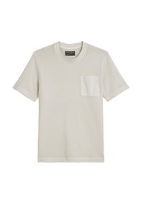 Jasno beżowa koszulka z krótkim rękawem wykonana z miękkiego materiału. Posiada kieszonkę na piersi, okrągły dekolt oraz minimalistyczny design bez wzorów.