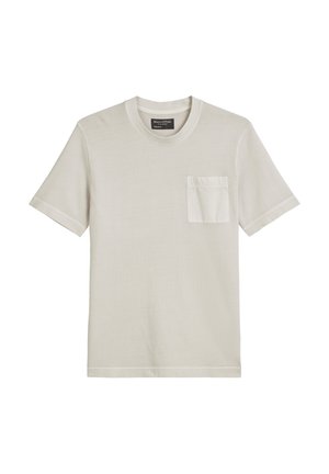 Light beige short-sleeve t-shirt made of soft fabric. Features a chest pocket, crew neck, and minimalistic design with no patterns.