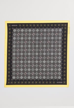 Schwarz-gelbes quadratisches Halstuch mit aufwendigen geometrischen Mustern in Weiß und Rosa, umrandet von einem festen gelben Rand.