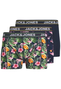 Tres pares de calzoncillos bóxer para hombres con diferentes estampados: un vibrante estampado floral con flamencos, un diseño en azul marino y un estampado floral en azul marino. Marca en las cinturillas.