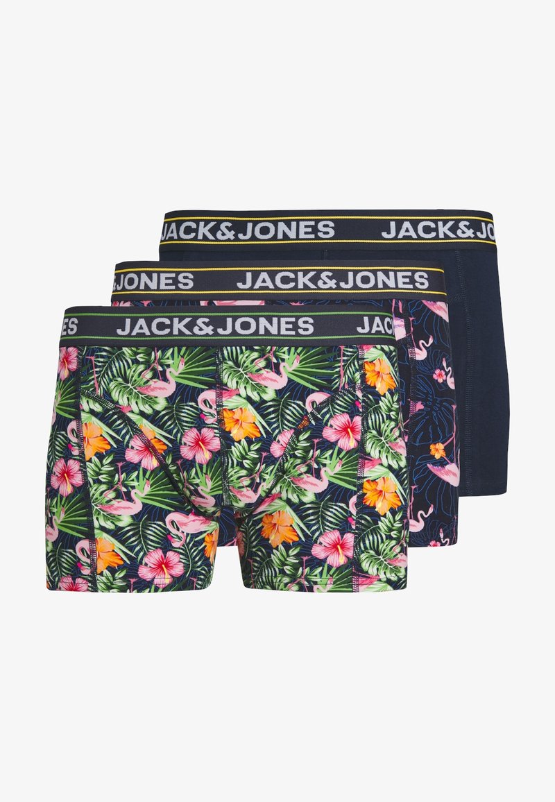 Tres pares de calzoncillos bóxer para hombres con diferentes estampados: un vibrante estampado floral con flamencos, un diseño en azul marino y un estampado floral en azul marino. Marca en las cinturillas.