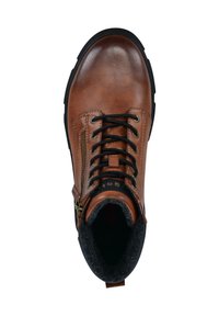 Brauner Lederstiefel mit schwarzen Schnürsenkeln und seitlichem Reißverschluss. Verfügt über eine strukturierte Oberfläche, runde Zehenform und eine weiche schwarze Fütterung für Komfort.