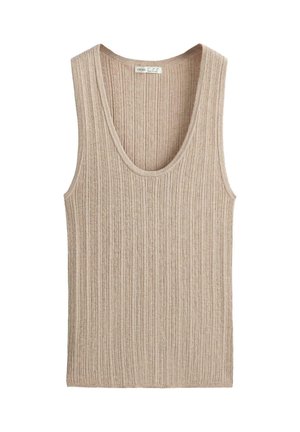 Top bej fără mâneci, tricotat cu dungi, decolteu rotund, textură moale și material ușor, potrivit pentru stratificare sau vreme caldă.
