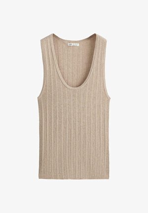 Top bej fără mâneci, tricotat cu dungi, decolteu rotund, textură moale și material ușor, potrivit pentru stratificare sau vreme caldă.