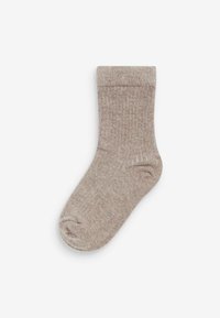 Sosete ancle bej, cu model riglat, cu vârful rotunjit, realizate dintr-un material tricotat texturat. Include un tiv pliat în partea de sus pentru confort.