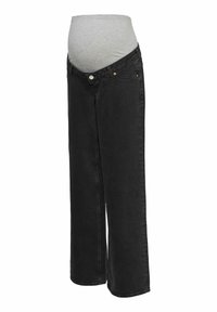 Jean de maternité noir avec un panneau en tissu gris extensible au-dessus de la taille conçu pour soutenir un ventre de femme enceinte.