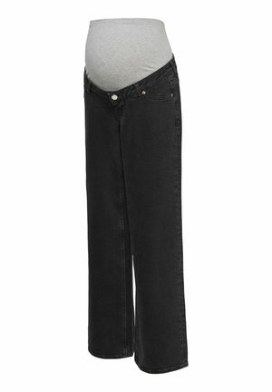 Melnas grūtnieču džinsu bikses ar elastīgu pelēkas auduma paneli virs vidukļa, kas paredzēts grūtnieces vēdera atbalstam.