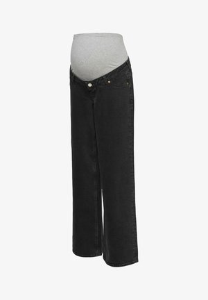 Melnas grūtnieču džinsu bikses ar elastīgu pelēkas auduma paneli virs vidukļa, kas paredzēts grūtnieces vēdera atbalstam.