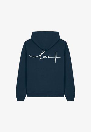 Felpa blu navy con la scritta corsiva bianca "love" e un grafico di una linea del battito cardiaco sul retro. Realizzata in tessuto morbido, vestibilità comoda.