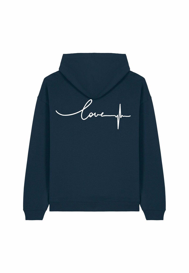 Felpa blu navy con la scritta corsiva bianca "love" e un grafico di una linea del battito cardiaco sul retro. Realizzata in tessuto morbido, vestibilità comoda.
