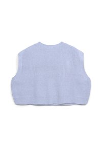 Débardeur en tricot côtelé bleu clair sans manches avec un col rond et un ourlet court, présentant des rayures texturées sur l'ensemble du tissu.