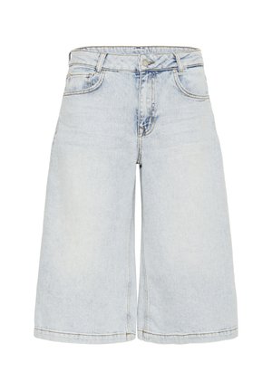 Svetlo modri jeans kratki hlače, dolžine do kolen, s ravnim krojem, petimi žepi in zapiranjem na gumb. Rahlo zbledela tekstura.