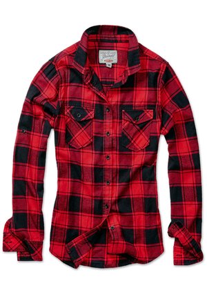 Chemise en flanelle à carreaux rouges et noirs, à manches longues, avec deux poches poitrine, un col pointu et une fermeture à boutons sur le devant. Tissu doux au toucher.
