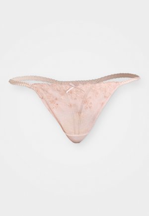 Roze doorschijnende kanten string met bloemenborduursel en een satijnen strikaccent. Voorzien van golvende randen en dunne banden voor een verfijnd ontwerp.