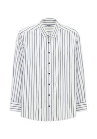 Camicia bianca a maniche lunghe con strisce blu verticali, chiusura con bottoni, colletto a punta, taschino sul petto e bottoni neri.