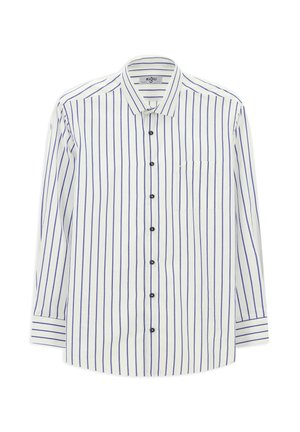 Weißes Langarmhemd mit vertikalen blauen Streifen, Knopfverschluss, spitzen Kragen, einer Brusttasche und schwarzen Knöpfen.