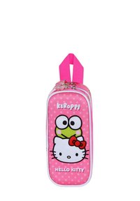 Estuche de lápices rosa con los personajes de Hello Kitty y Keroppi, con un zipper blanco, un patrón de lunares y un asa en la parte superior.
