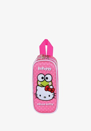 Estuche de lápices rosa con los personajes de Hello Kitty y Keroppi, con un zipper blanco, un patrón de lunares y un asa en la parte superior.