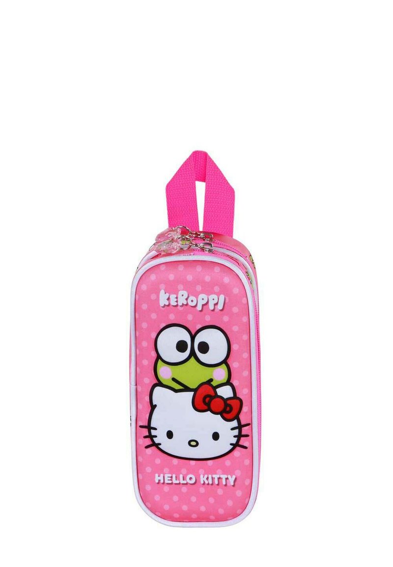 Estuche de lápices rosa con los personajes de Hello Kitty y Keroppi, con un zipper blanco, un patrón de lunares y un asa en la parte superior.