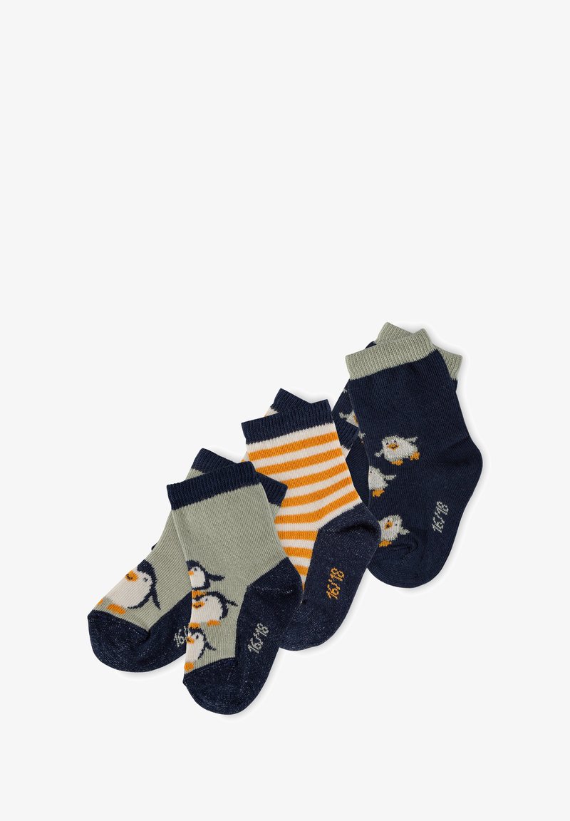 Vier Paare Kindersocken: zwei mit Pinguin-Mustern, eine gestreift in Orange und Weiß und eine einfarbig marineblau mit Vogelmotiven. Baumwoll-Mischung.