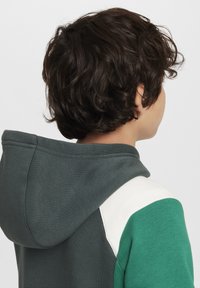 Hettegenser med fargeblokkdesign i grønne, mørkegrå og hvite nyanser, laget av teksturert stoff med synlige sømdetaljer.