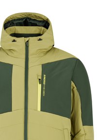 Zelena i bež izolirana jakna s visokim ovratnikom, patent zatvaračem sprijeda i žutim detaljima. Ima džep na prsima i teksturirane panele.