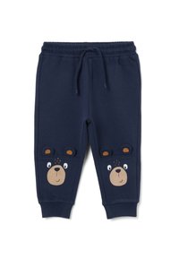 Donkerblauwe peuterbroek met elastische tailleband, trekkoord, geribbelde boorden en berengezichten met oren gedrukt op de knieën.