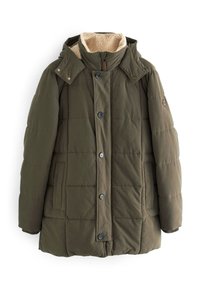 Jachetă căptușită de culoare verde oliv, cu guler căptușit cu sherpa, capse și buzunare laterale. Caracteristicile includ un croi drept și un design matlasat.