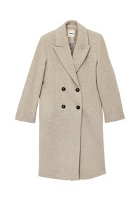 Beige Wollmischungsmantel mit doppelter Knopfleiste, geschlitztem Revers und drei schwarzen Knopf-Accessoires, mit geraden langen Ärmeln und mittellanger Schnittführung.