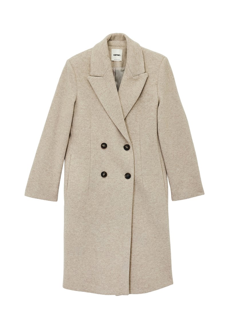 Beige Wollmischungsmantel mit doppelter Knopfleiste, geschlitztem Revers und drei schwarzen Knopf-Accessoires, mit geraden langen Ärmeln und mittellanger Schnittführung.