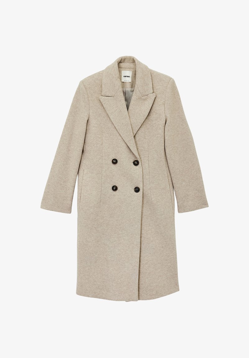 Beige Wollmischungsmantel mit doppelter Knopfleiste, geschlitztem Revers und drei schwarzen Knopf-Accessoires, mit geraden langen Ärmeln und mittellanger Schnittführung.