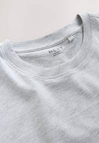 T-shirt gris clair à col rond avec étiquette intérieure visible indiquant « NEXT Regular Fit Made in Bangladesh » sur un fond uni.