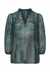 Blusa trasparente color teal con stampa animale nera, collo alto arricciato e lunghe maniche a sbuffo. Presenta un dettaglio con lacci al collo.